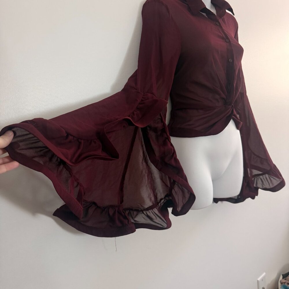 Fashion Nova Burgundy Sheer Twist-Front Blouse | Long Sleeve | Size S - Picture 3 of 12